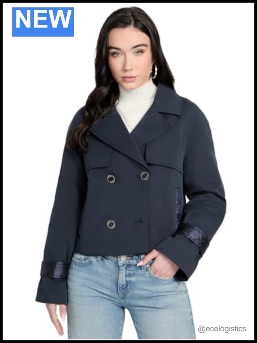 GUESS Double Breasted Cropped Trench Coat Quilted Back Cotton Blend